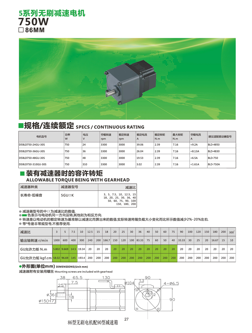 無刷齒輪電機750W